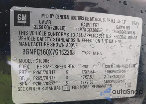 2007 Chevrolet Suburban 1500 Lt z USA, uszkodzony, nr VIN 3GNFC160X7G152203